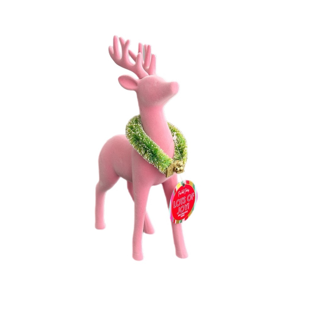 NWT Packed Party Pink Felt Decorative Reindeer Lots of Joy With Neck Wreath
